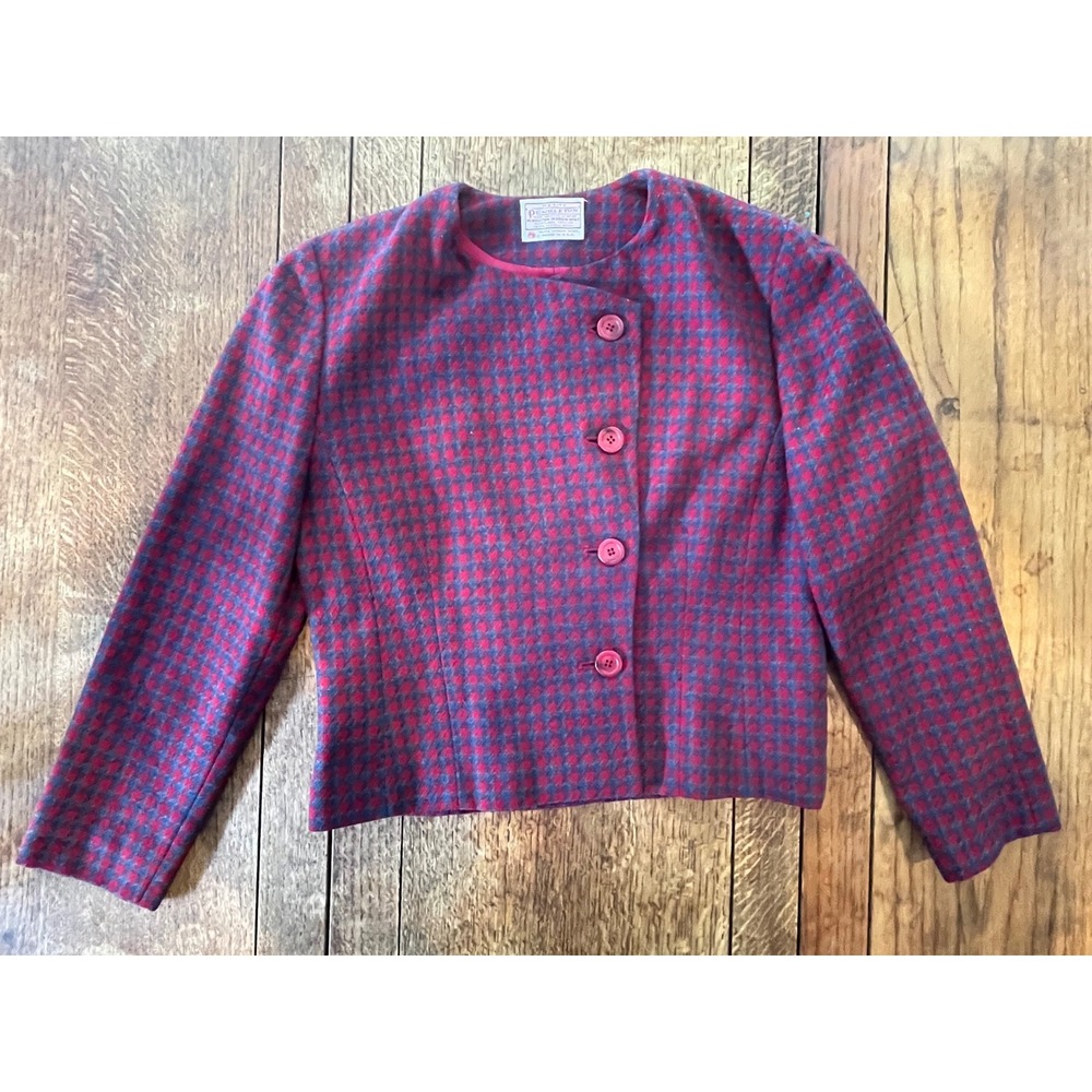 Vintage Pendleton Women's red grey houndstooth virgin wool blazer jacket 80s 10